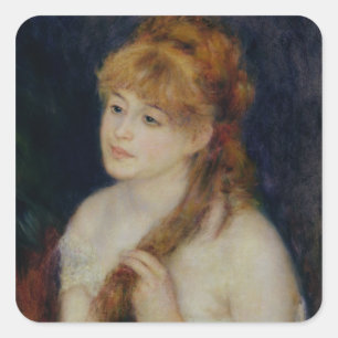 Pegatina Cuadrada Pedro una mujer joven de Renoir el que trenza su