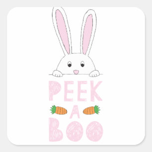 Pegatina Cuadrada Peek-A-Boo conejo de Pascua Rosado y Blanco