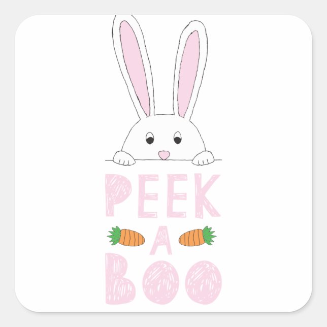 Pegatina Cuadrada Peek-A-Boo conejo de Pascua Rosado y Blanco (Anverso)