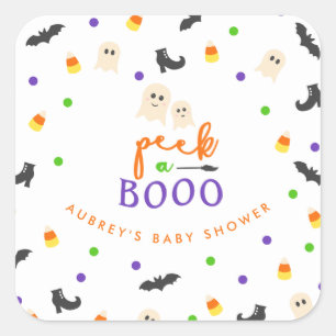 Pegatina Cuadrada Peek a Boo Halloween tema Bebé ducha