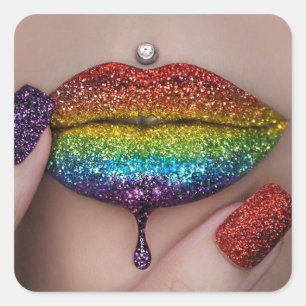 Pegatina Cuadrada Pega de Orgullo - Labial de Arcoíris Lesbiana