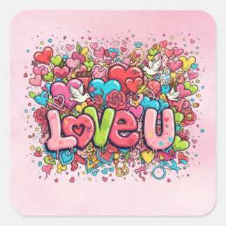 Pegatina Cuadrada Pegar Corazones Doodle Coloridos Te Amo