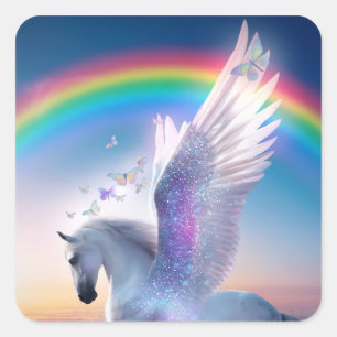 Pegatina Cuadrada Pegaso con Arcoíris