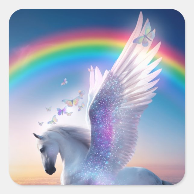 Pegatina Cuadrada Pegaso con Arcoíris (Anverso)