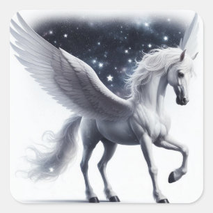 Pegatina Cuadrada Pegaso mítico con estrellas entre sus alas