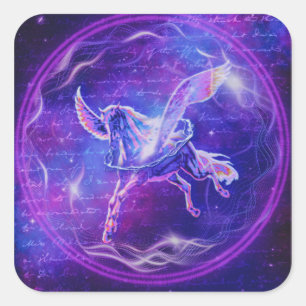 Pegatina Cuadrada Pegasus Púrpura Caballo Alado de Neon Arte Galax