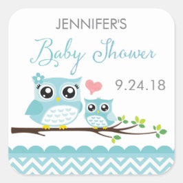 Pegatina Cuadrada Pegatina/etiqueta de Owl Baby Shower | Blue Chevro