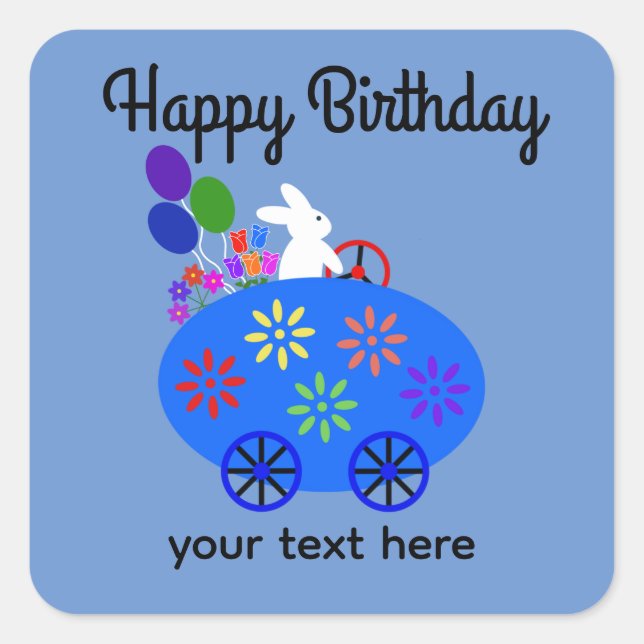 Pegatina Cuadrada Pegatinas #2 de Birthday Bunny Riding Egg Car (Anverso)