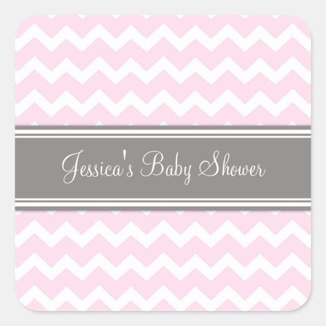 Pegatina Cuadrada Pegatinas Baby Shower Favor de Chevron Gris Rosa (Anverso)