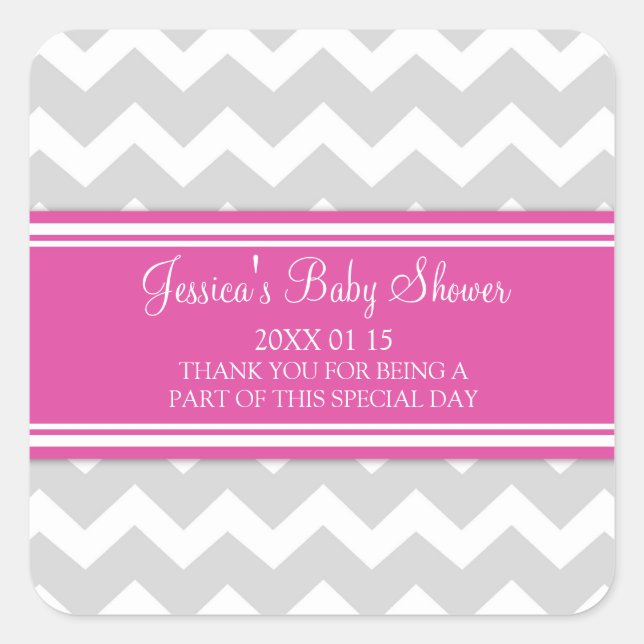 Pegatina Cuadrada Pegatinas Baby Shower Favor de Chevron Gris Rosa (Anverso)