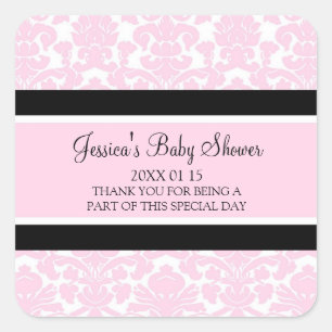 Pegatina Cuadrada Pegatinas Baby Shower Favorito de Damask Rosado