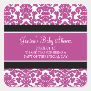 Pegatina Cuadrada Pegatinas Baby Shower Favorito de Damask Rosado
