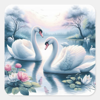 Pegatina Cuadrada Pegatinas - Cisnes en un apacible estanque acuátic