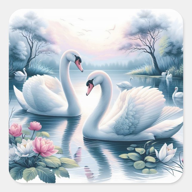 Pegatina Cuadrada Pegatinas - Cisnes en un apacible estanque acuátic (Anverso)