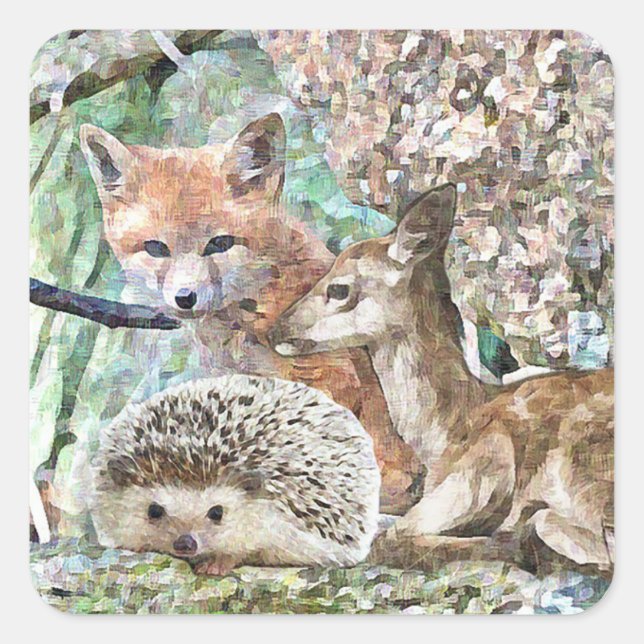 Pegatina Cuadrada Pegatinas Cute Deer, Hedgehog y Fox (Anverso)