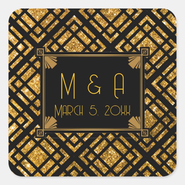 Pegatina Cuadrada Pegatinas de Art Deco Black and Gold Boda Square (Anverso)