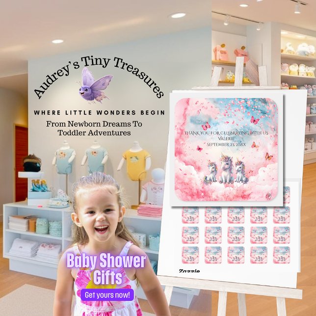 Pegatina Cuadrada Pegatinas de Baby Shower de Unicornio encantados (Subido por el creador)