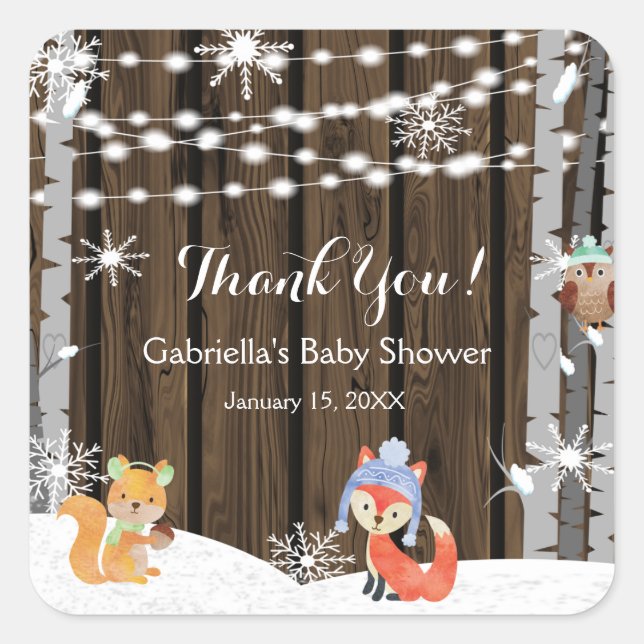 Pegatina Cuadrada Pegatinas de Baby Shower de Woodland Animals (Anverso)