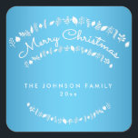 Pegatina Cuadrada Pegatinas de Blue Merry Christmas Square<br><div class="desc">Feliz Navidad pegatinas cuadrados azules y blancos con texto cambiable</div>
