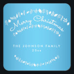 Pegatina Cuadrada Pegatinas de Blue Merry Christmas Square<br><div class="desc">Feliz Navidad pegatinas cuadrados azules y blancos con texto cambiable</div>