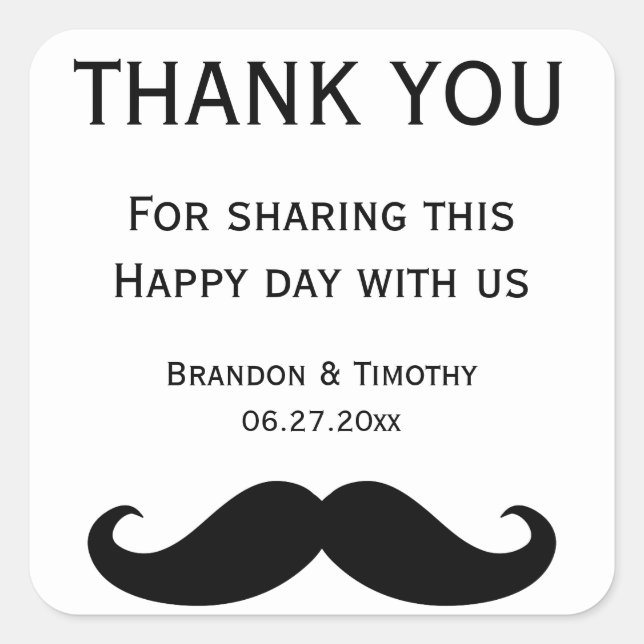 Pegatina Cuadrada Pegatinas De Boda Gay Blanca Con Mustache (Anverso)