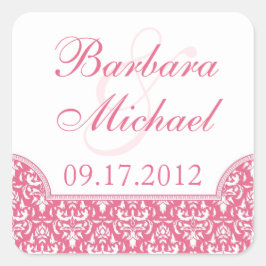 Pegatina Cuadrada Pegatinas de bodas cuadradas de damasco rosado