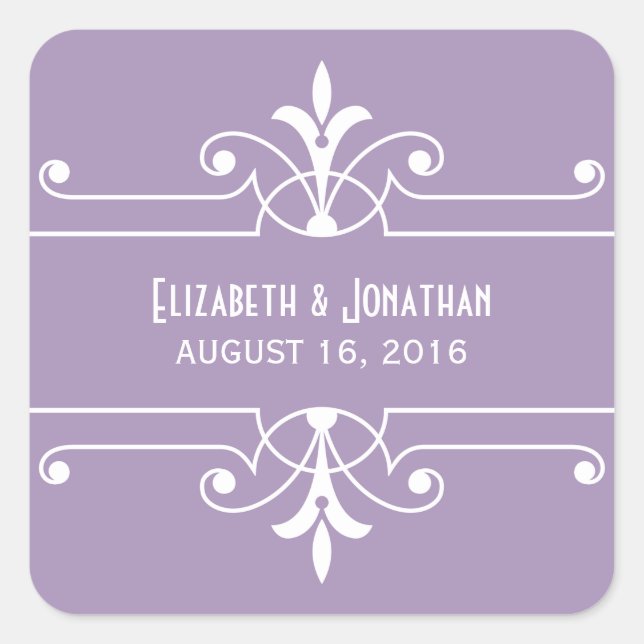 Pegatina Cuadrada Pegatinas de bodas ornamentales moradas (Anverso)