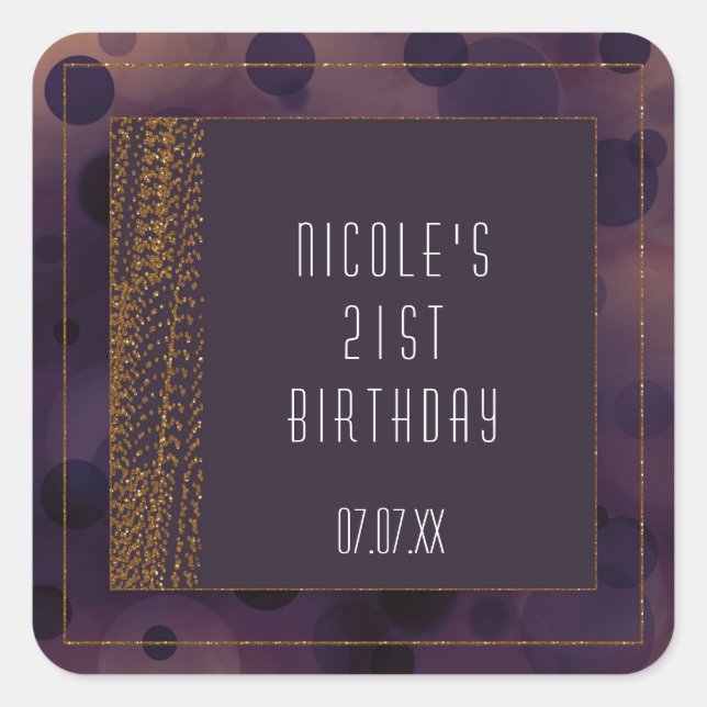 Pegatina Cuadrada Pegatinas de Bokeh Glam Purple y Gold Favorito (Anverso)