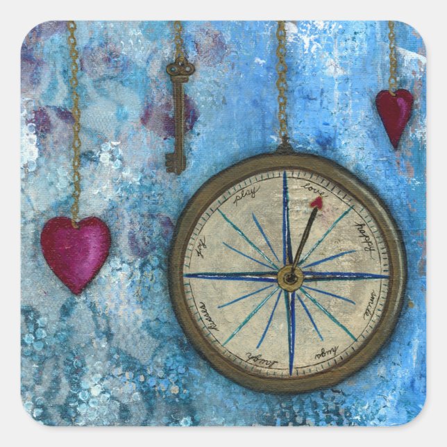 Pegatina Cuadrada Pegatinas de brújulas y corazones (Anverso)