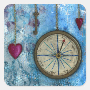 Pegatina Cuadrada Pegatinas de brújulas y corazones