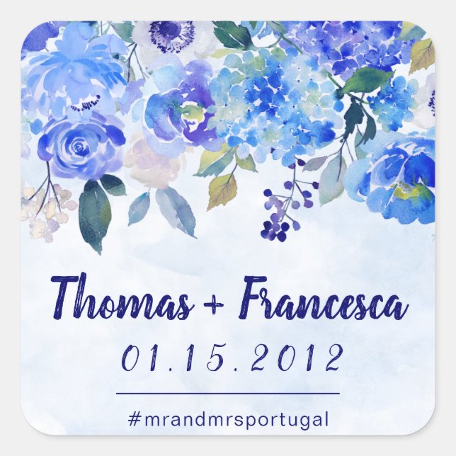 Pegatina Cuadrada Pegatinas de casamiento floral Royal Blue Watercol (Anverso)