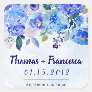Pegatina Cuadrada Pegatinas de casamiento floral Royal Blue Watercol