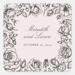 Pegatina Cuadrada Pegatinas de casamiento rosado con Rosa de época