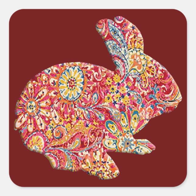 Pegatina Cuadrada Pegatinas de conejito de Pascua de Silhouette y Fl (Anverso)