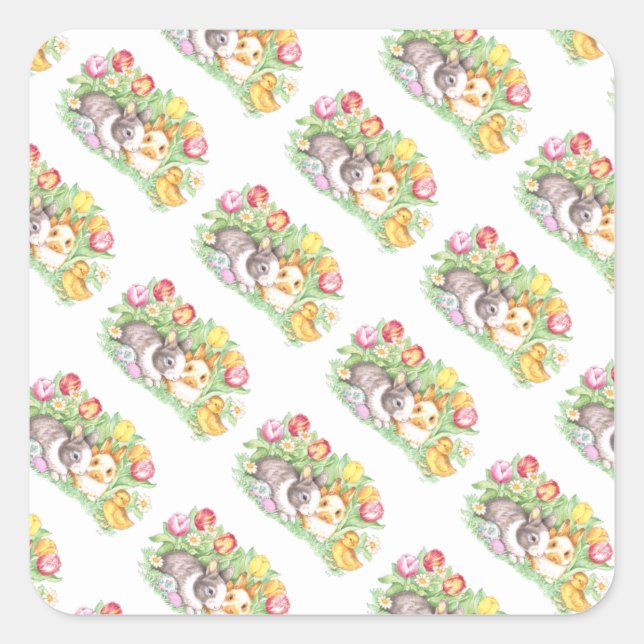 Pegatina Cuadrada Pegatinas de conejo de Pascua de Primavera (Anverso)
