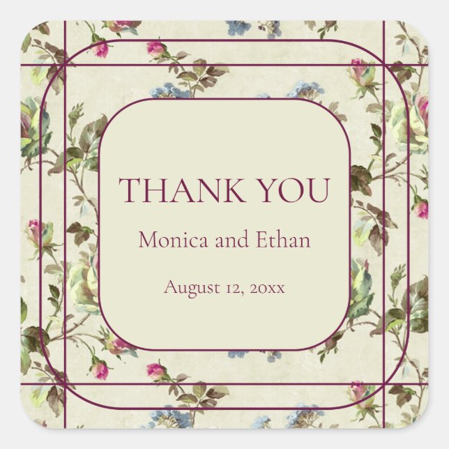 Pegatina Cuadrada Pegatinas de cosecha romántica de rosa floral (Anverso)