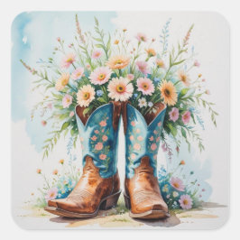 Pegatina Cuadrada Pegatinas de Cowgirl Boots Bouquet | Tema occident