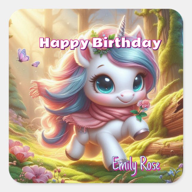 Pegatina Cuadrada Pegatinas de cumpleaños de Unicornio mágicos perso (Anverso)