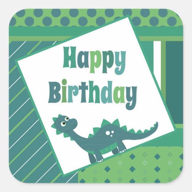Pegatina Cuadrada Pegatinas de dinosaurios de cumpleaños felices (Anverso)