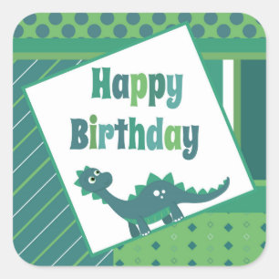 Pegatina Cuadrada Pegatinas de dinosaurios de cumpleaños felices