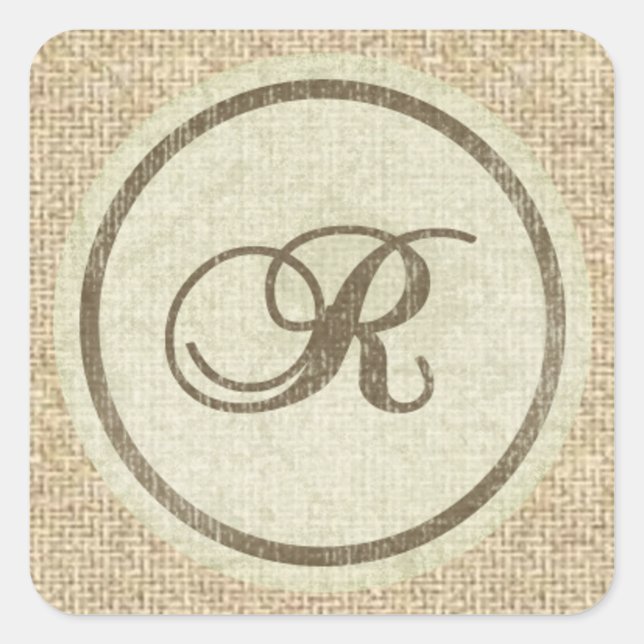 Pegatina Cuadrada Pegatinas de diseño rústico de la carta R burlap (Anverso)