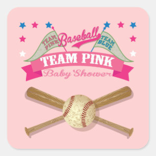 Pegatina Cuadrada Pegatinas de ducha para bebés de béisbol Rosa