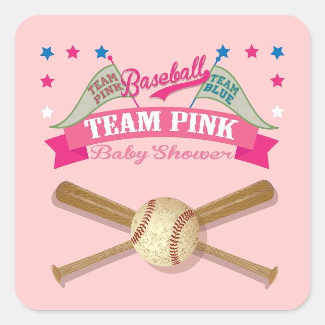 Pegatina Cuadrada Pegatinas de ducha para bebés de béisbol Rosa (Anverso)