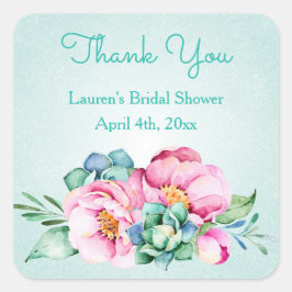 Pegatina Cuadrada Pegatinas de flores de color de agua rosa y de men