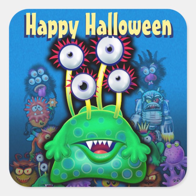 Pegatina Cuadrada Pegatinas de Halloween Trick-or-Treat. MONSTER FIE (Anverso)