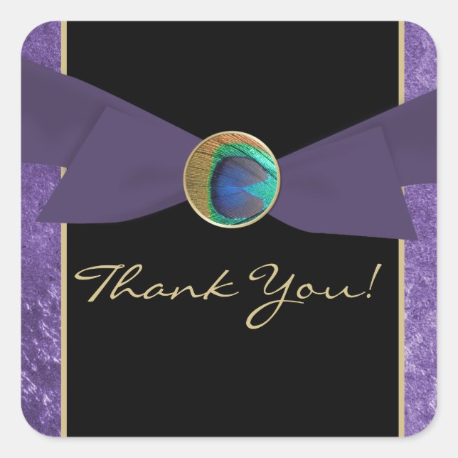 Pegatina Cuadrada Pegatinas de la boda de la pluma de pavo real (Anverso)