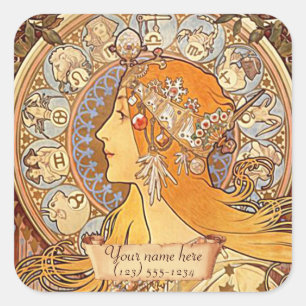 Pegatina Cuadrada Pegatinas de la Librería Mucha Zodiac Art Nouveau