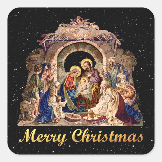 Pegatina Cuadrada Pegatinas de la Natividad Vintage (Anverso)