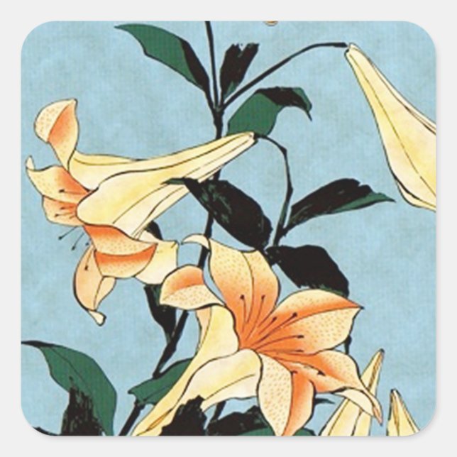 Pegatina Cuadrada Pegatinas de Lilies Japoneses de Hokusai (Anverso)