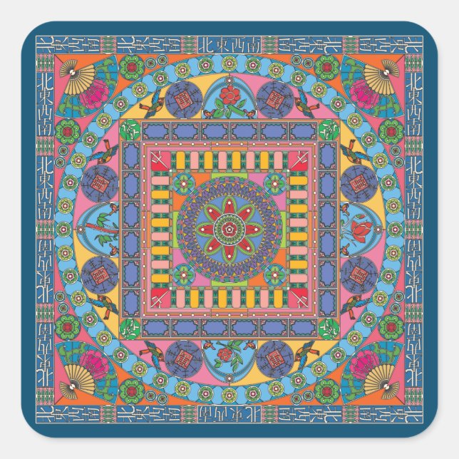 Pegatina Cuadrada Pegatinas de Mah Jongg Tiles Mandala (Anverso)